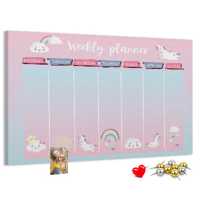Korktafel Wochenplaner mit bunten Einhörnern