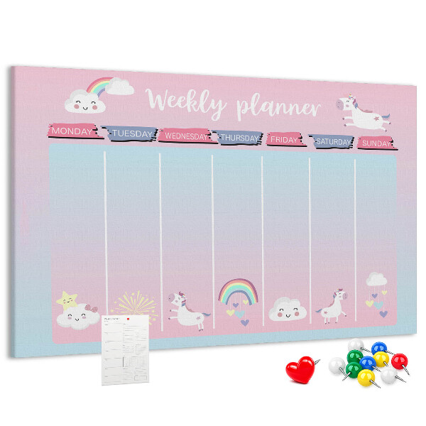 Korktafel Wochenplaner mit bunten Einhörnern