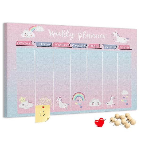 Korktafel Wochenplaner mit bunten Einhörnern