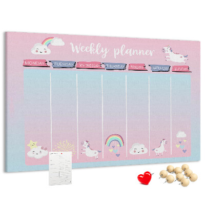 Korktafel Wochenplaner mit bunten Einhörnern
