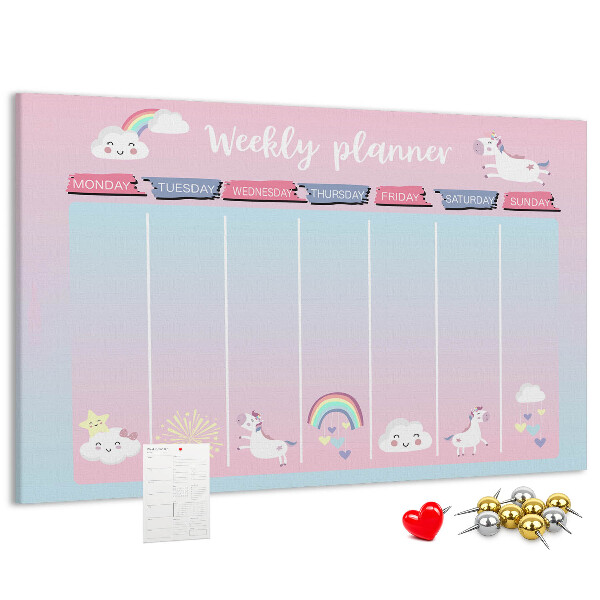 Korktafel Wochenplaner mit bunten Einhörnern