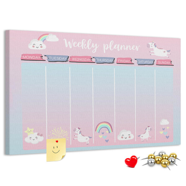 Korktafel Wochenplaner mit bunten Einhörnern
