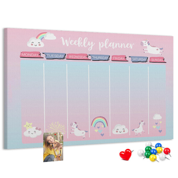 Korktafel Wochenplaner mit bunten Einhörnern