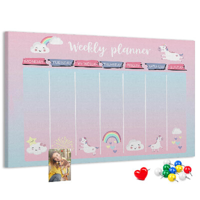 Korktafel Wochenplaner mit bunten Einhörnern
