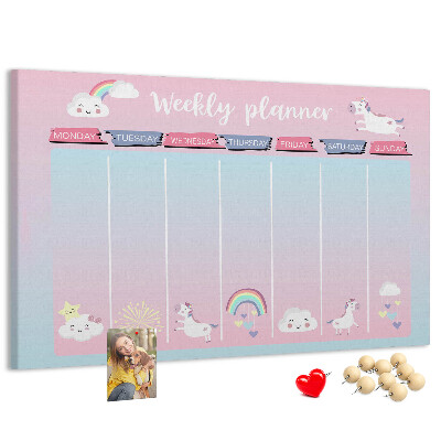 Korktafel Wochenplaner mit bunten Einhörnern