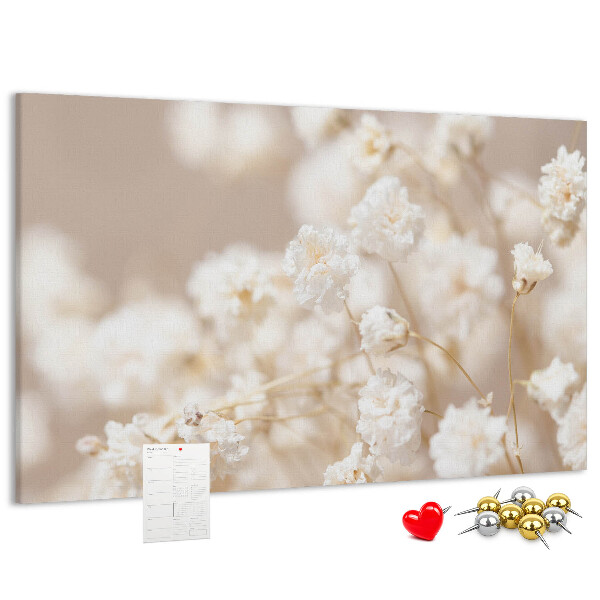 Kork-Pinnwand mit Motiv zarte weiße Blüten auf neutralem Hintergrund