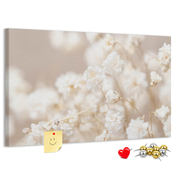 Kork-Pinnwand mit Motiv zarte weiße Blüten auf neutralem Hintergrund