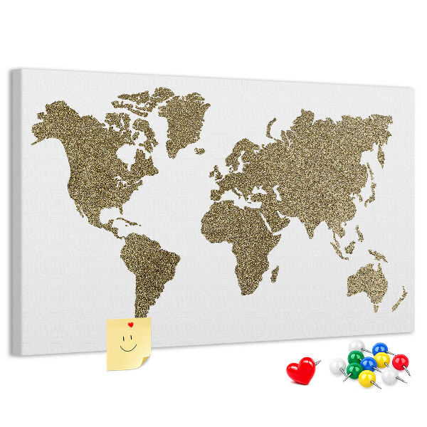 Weltkarte mit Korkrückwand goldenes Design auf weißem Hintergrund