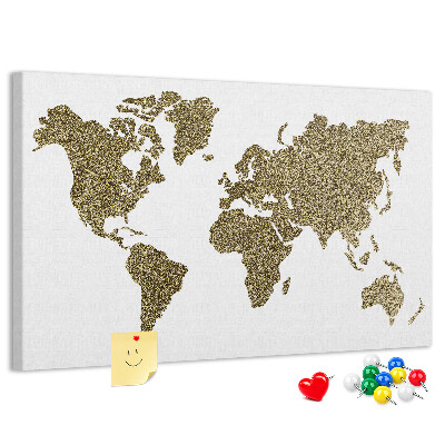 Weltkarte mit Korkrückwand goldenes Design auf weißem Hintergrund
