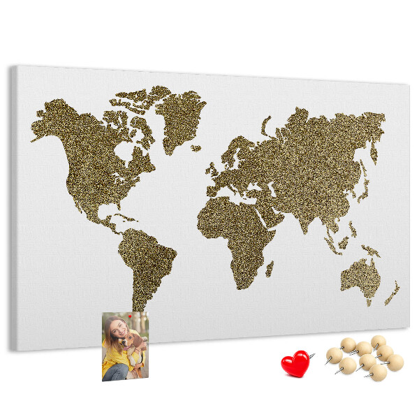 Weltkarte mit Korkrückwand goldenes Design auf weißem Hintergrund