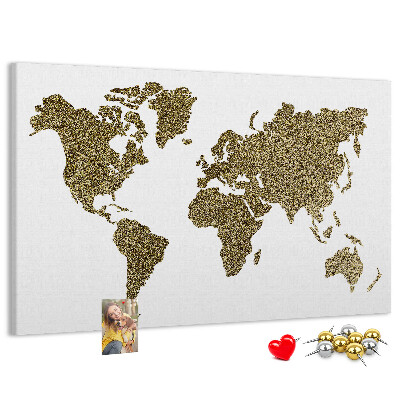 Weltkarte mit Korkrückwand goldenes Design auf weißem Hintergrund