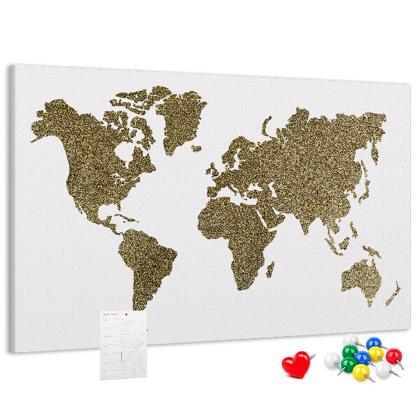 Weltkarte mit Korkrückwand goldenes Design auf weißem Hintergrund