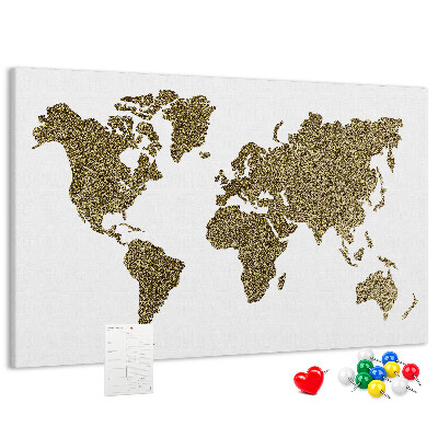 Weltkarte mit Korkrückwand goldenes Design auf weißem Hintergrund