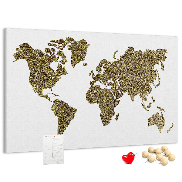 Weltkarte mit Korkrückwand goldenes Design auf weißem Hintergrund