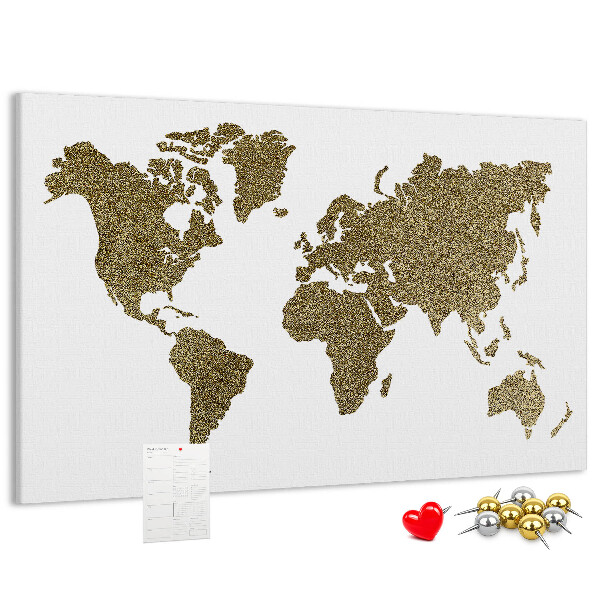 Weltkarte mit Korkrückwand goldenes Design auf weißem Hintergrund