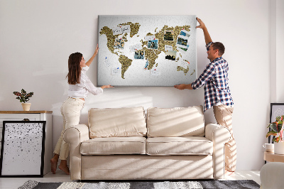 Weltkarte mit Korkrückwand goldenes Design auf weißem Hintergrund