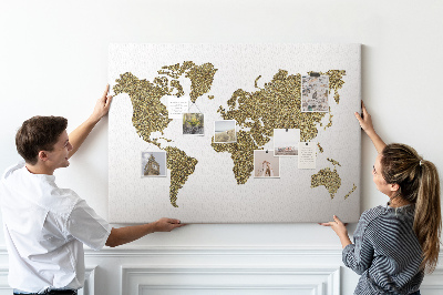 Weltkarte mit Korkrückwand goldenes Design auf weißem Hintergrund