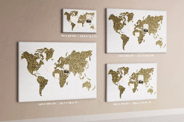 Weltkarte mit Korkrückwand goldenes Design auf weißem Hintergrund