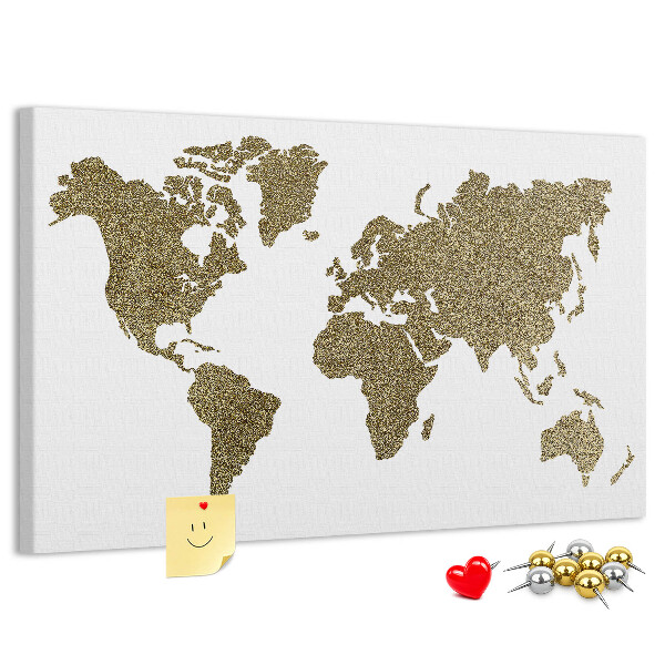 Weltkarte mit Korkrückwand goldenes Design auf weißem Hintergrund