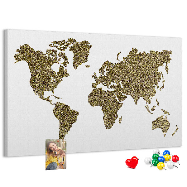 Weltkarte mit Korkrückwand goldenes Design auf weißem Hintergrund