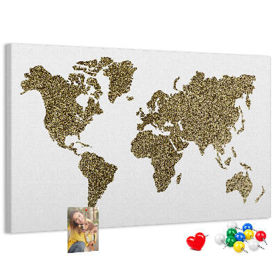 Weltkarte mit Korkrückwand goldenes Design auf weißem Hintergrund