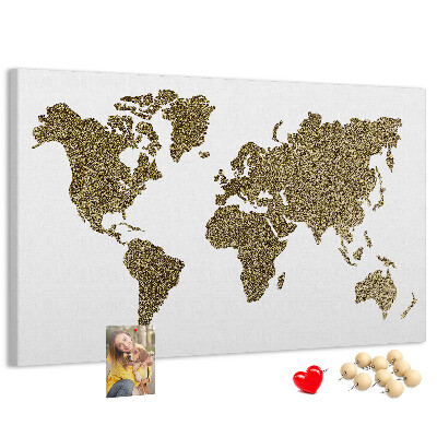 Weltkarte mit Korkrückwand goldenes Design auf weißem Hintergrund