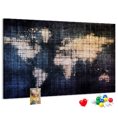 Korktafel mit stilisierter, pixeliger Weltkarte