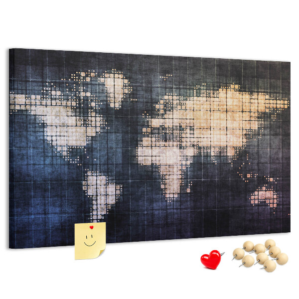 Korktafel mit stilisierter, pixeliger Weltkarte