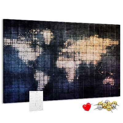 Korktafel mit stilisierter, pixeliger Weltkarte