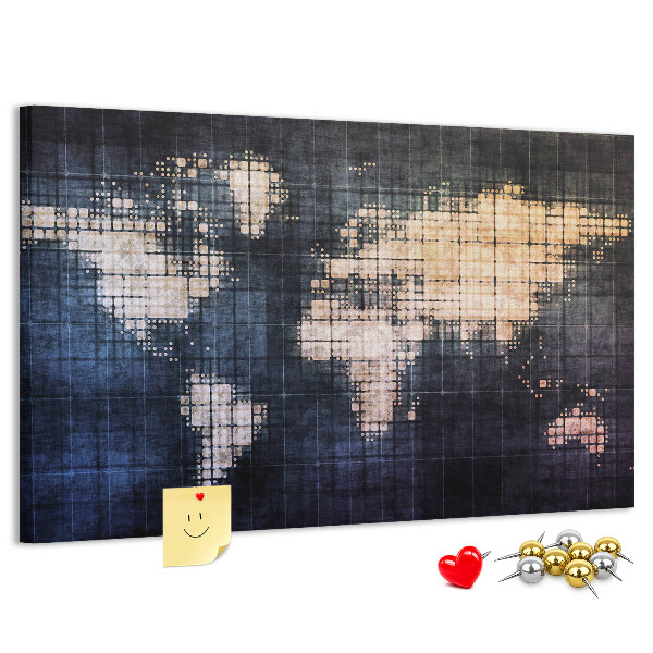 Korktafel mit stilisierter, pixeliger Weltkarte