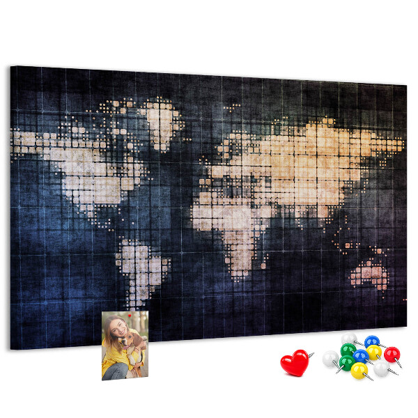 Korktafel mit stilisierter, pixeliger Weltkarte