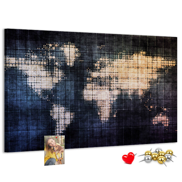 Korktafel mit stilisierter, pixeliger Weltkarte
