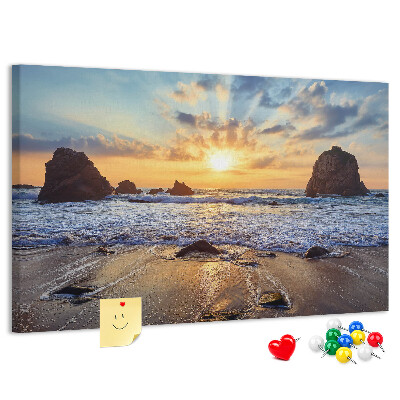 Kork-Pinnwand mit Motiv Sonnenuntergang über dem ruhigen Meer