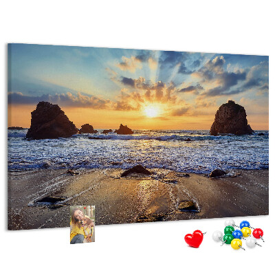 Kork-Pinnwand mit Motiv Sonnenuntergang über dem ruhigen Meer