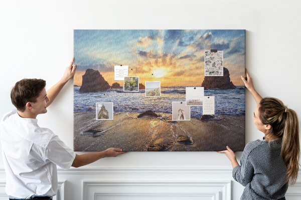 Kork-Pinnwand mit Motiv Sonnenuntergang über dem ruhigen Meer