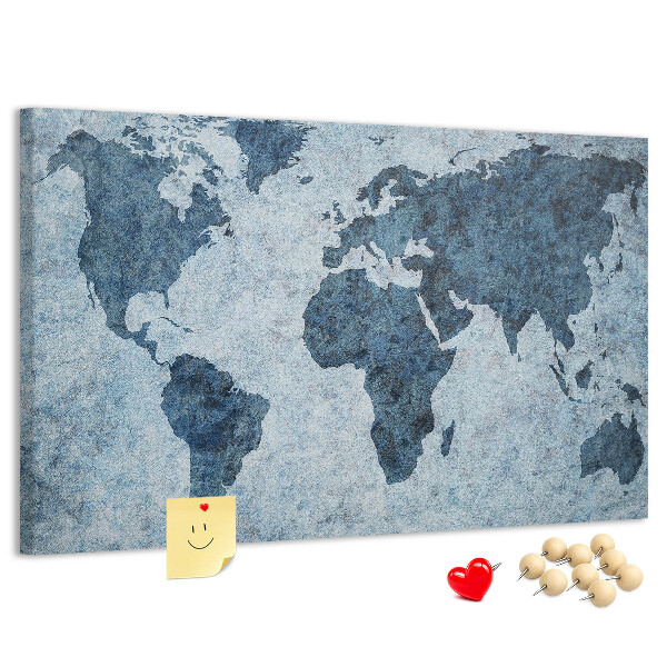 Korktafel mit Motiv einer antiken Weltkarte in Blautönen