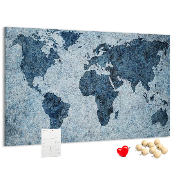 Korktafel mit Motiv einer antiken Weltkarte in Blautönen