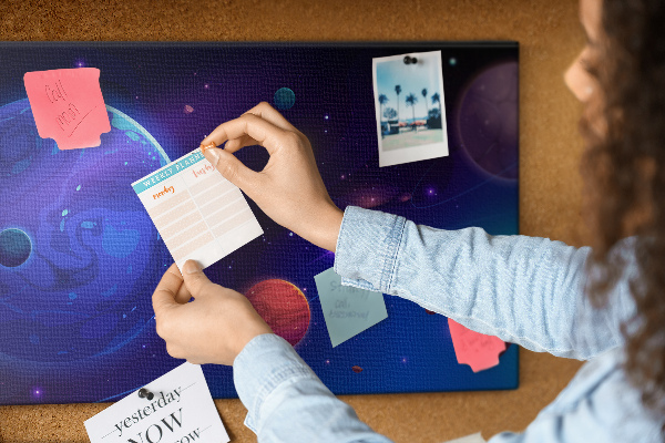Bild mit Korkrückwand Weltraumlandschaft mit Planeten und Asteroiden