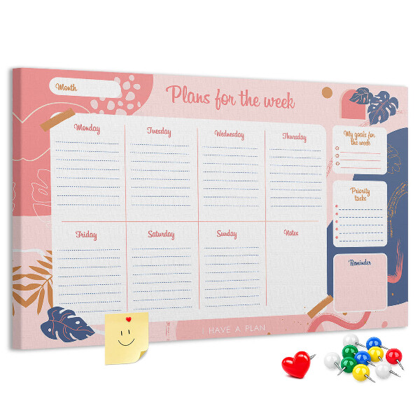 Kork-Pinnwand farbenfroher Wochenplaner mit Pflanzenmotiv