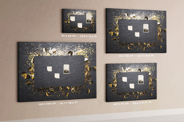 Korkbild goldenes Konfetti auf schwarzem Hintergrund