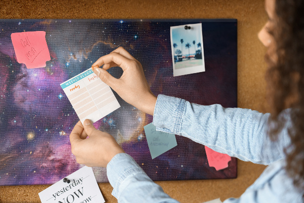 Korktafel mit Weltraumlandschaft aus Sternen und Nebeln