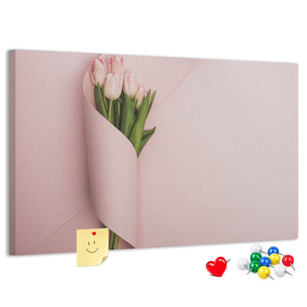Kork-Pinnwand mit Motiv zarte Tulpen auf rosa Hintergrund