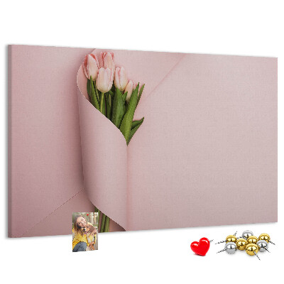 Kork-Pinnwand mit Motiv zarte Tulpen auf rosa Hintergrund
