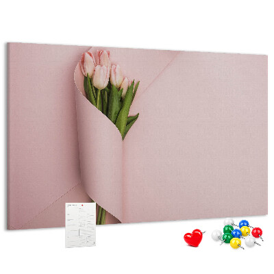 Kork-Pinnwand mit Motiv zarte Tulpen auf rosa Hintergrund