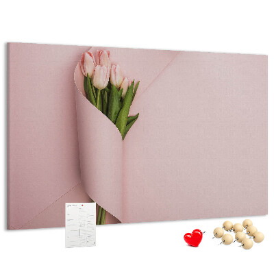Kork-Pinnwand mit Motiv zarte Tulpen auf rosa Hintergrund
