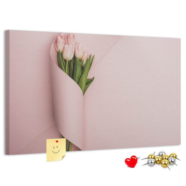 Kork-Pinnwand mit Motiv zarte Tulpen auf rosa Hintergrund