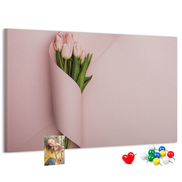 Kork-Pinnwand mit Motiv zarte Tulpen auf rosa Hintergrund