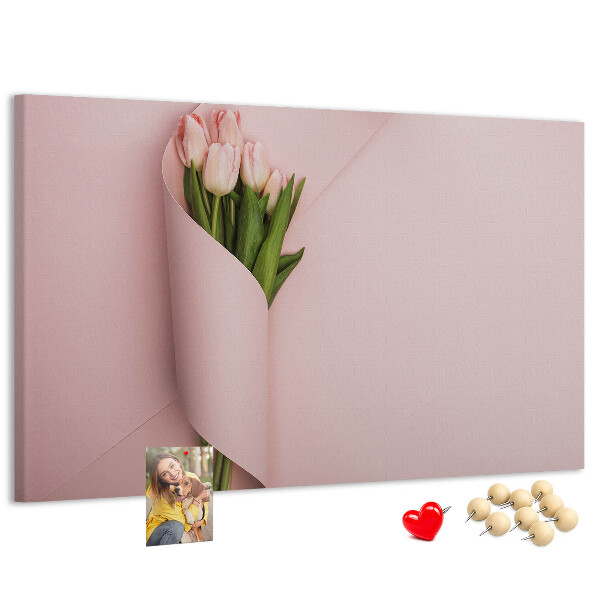 Kork-Pinnwand mit Motiv zarte Tulpen auf rosa Hintergrund