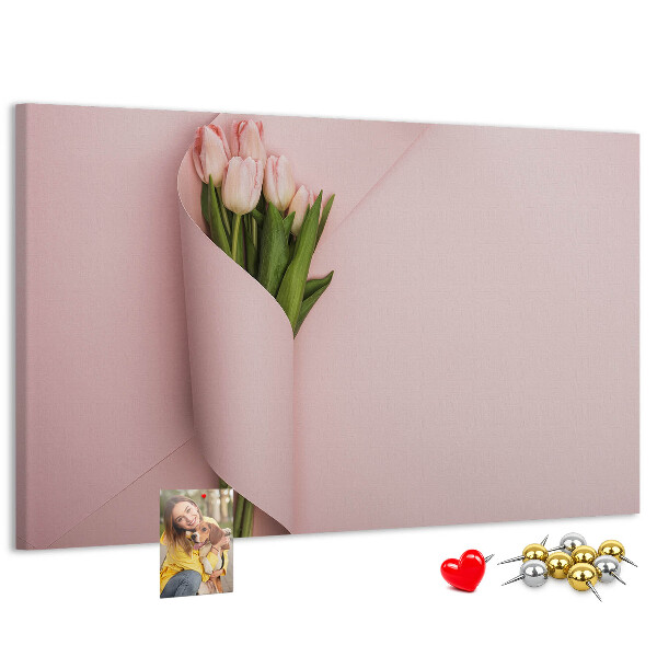 Kork-Pinnwand mit Motiv zarte Tulpen auf rosa Hintergrund