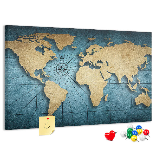 Korktafel mit Motiv einer antiken Weltkarte mit Kompass